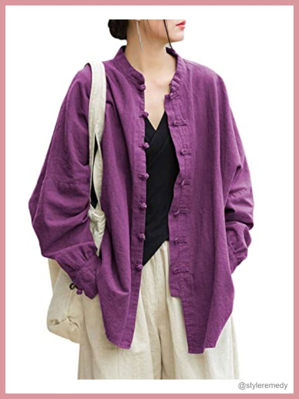 Linen Cotton Frog Button Oversized Shirt Jacket Bat Sleeve Tunic Top
